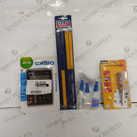 BOX OF APPROX 15 ASSORTED ITEMS TO INCLUDE - CASIO CALCULATOR - LOCTITE INSTAND ADHESIVE - ROLSON MULTI FUNCTION TESTER ECT 