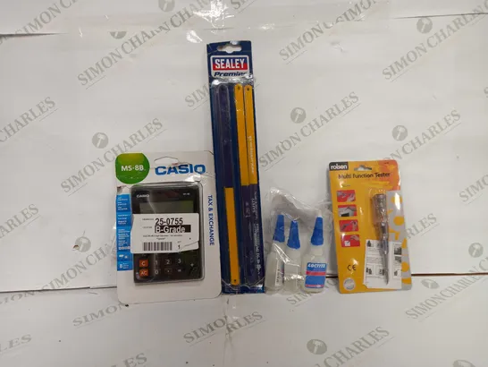 BOX OF APPROX 15 ASSORTED ITEMS TO INCLUDE - CASIO CALCULATOR - LOCTITE INSTAND ADHESIVE - ROLSON MULTI FUNCTION TESTER ECT 