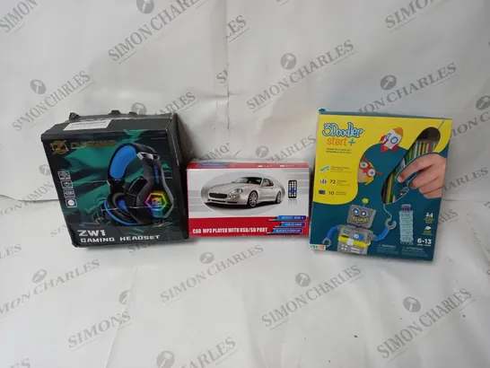 APPROXIMATELY 20 ASSORTED ITEMS TO INCLUDE OZEINO ZW1 GAMING HEADSET, CAR MP3 PLAYER, 3DOODLER START PLUS 3D PEN ETC.  