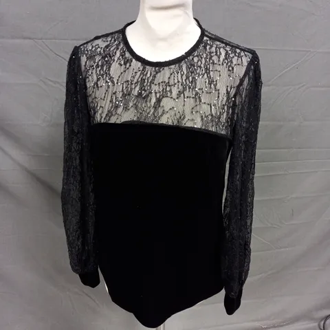 MONSOON DANICA VELVET SEQUIN & LACE TOP- BLACK SMALL