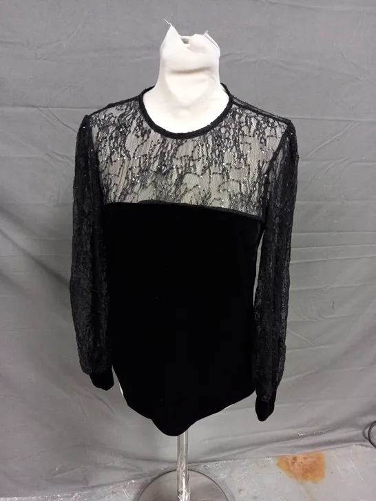 MONSOON DANICA VELVET SEQUIN & LACE TOP- BLACK SMALL