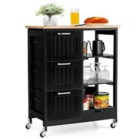 BOXED ROLLING KITCHEN ISLAND CART WITH STORAGE DRAWER AND TRAY - BLACK