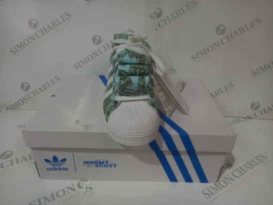 BOXED PAIR OF ADIDAS JS MONEY SUPERSTAR SHOES IN WHITE/BLUE/GREEN UK SIZE 7