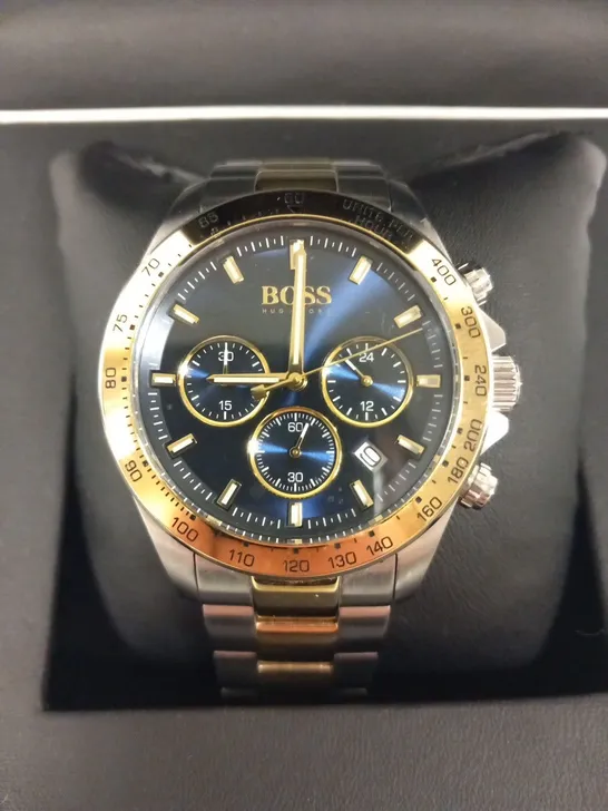 BOXED HUGO BOSS HERO BLUE CHRONOGRAPH TWO TONE WRIST WATCH