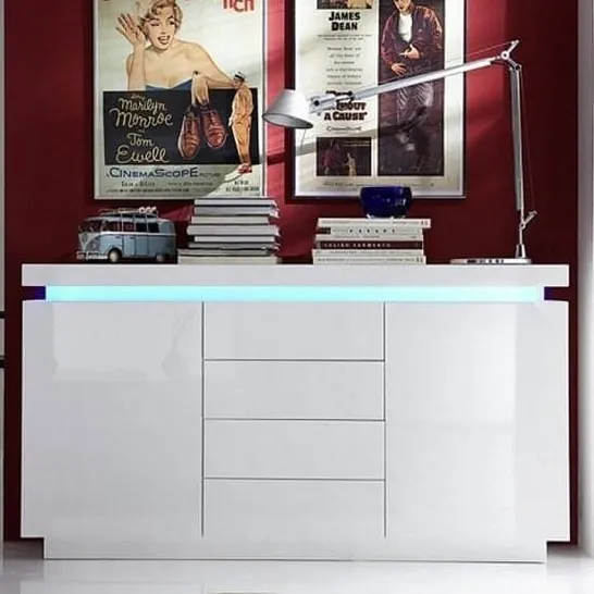 BOXED ODESSA SMALL SIDEBOARD - 2 DOORS + 4 DRAWERS WITH WHITE LED - WHITE (2 BOXES)