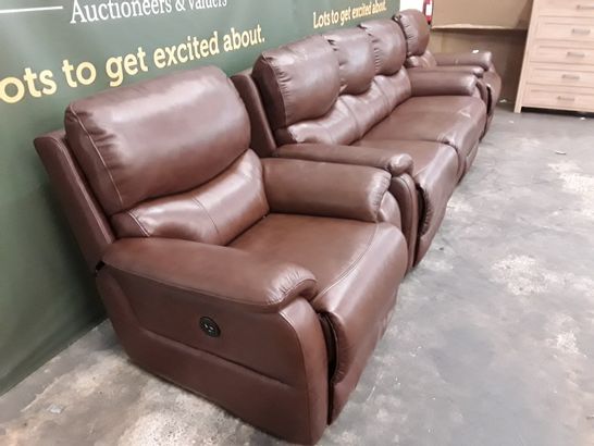 QUALITY BROWN FAUX LEATHER POWER RECLINING THREE SEATER SOFA AND PAIR OF POWER RECLINING ARMCHAIRS