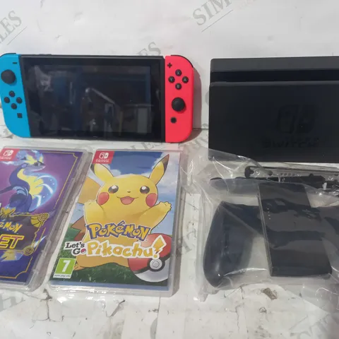 NINTENDO SWITCH HANDHELD GAMES CONSOLE HAC-001(-01) W. CHARGING DOCK & 2 GAMES TO INCLUDE POKÉMON LET'S GO PIKACHU, AND POKÉMON VIOLET