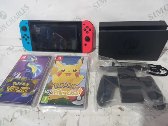 NINTENDO SWITCH HANDHELD GAMES CONSOLE HAC-001(-01) W. CHARGING DOCK & 2 GAMES TO INCLUDE POKÉMON LET'S GO PIKACHU, AND POKÉMON VIOLET