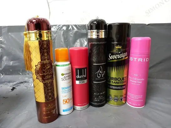 APPROXIMATELY 14 ASSORTED AERSOLS TO INCLUDE TURBOJET AIR SANITISER (500ml), ESTRID SHAVING GEL (200ml), DUNHILL DESIRE (195ml), ETC