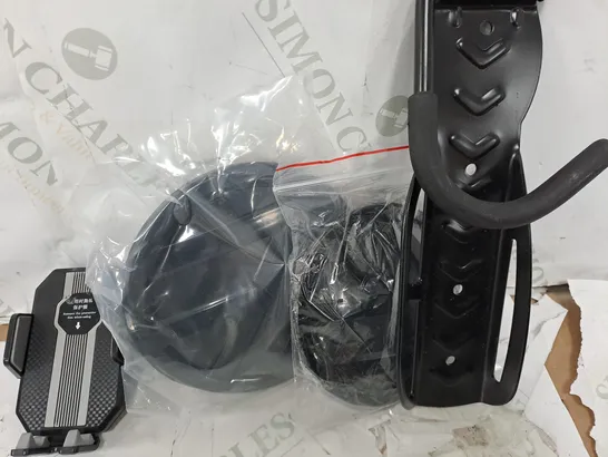 BOX OF ASSORTED ITEMS TO INCLUDE- BIKE WALL MOUNT- PHONE HOLDER - VW CARS BADGES IN BLACK / COLLECTION ONLY 