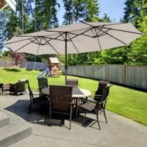 BOXED COSTWAY 4.5M DOUBLE-SIDED PATIO PARASOL WITH STAND OUTDOOR TWIN MARKET UMBRELLA W/ SOLAR LED LIGHTS - BEIGE