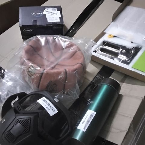 PALLET OF 4 BOXES OF ASSORTED ITEMS INCLUDING UNIWORK INK CARTRIDGES, BASKETBALL, GOGGLE FACE MASK, TAVIALO FLASK, HANDHELD STAPLER AND ACCESSORIES 