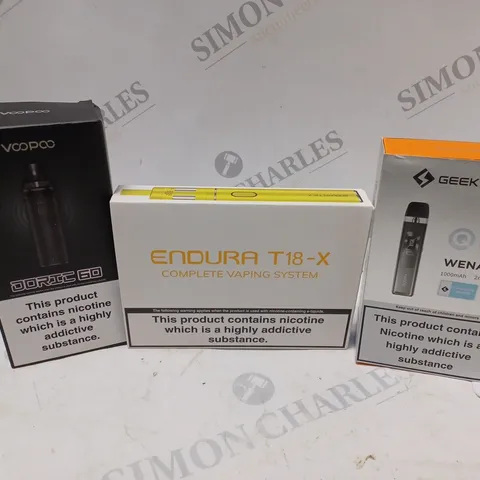 APPROXIMATELY 20 VAPES & E-CIGARETTES TO INCLUDE VOOPOO DORIC 60, INNOKIN ENDURA T18-X, GEEKVAPE WENAX Q, ETC