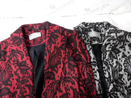 BOX OF 4 HELENE BERMAN LACE BLAZERS IN RED/BLACK & BLACK/WHITE, ONE EACH SIZE 10 & 12