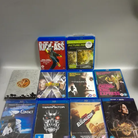 APPROXIMATELY 10 ASSORTED BLU-RAY/DVDS TO INCLUDE KICK-ASS, THE EQUALIZER 3, TERMINATOR ETC 