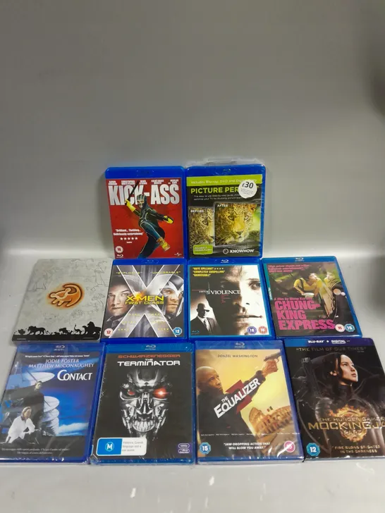 APPROXIMATELY 10 ASSORTED BLU-RAY/DVDS TO INCLUDE KICK-ASS, THE EQUALIZER 3, TERMINATOR ETC 