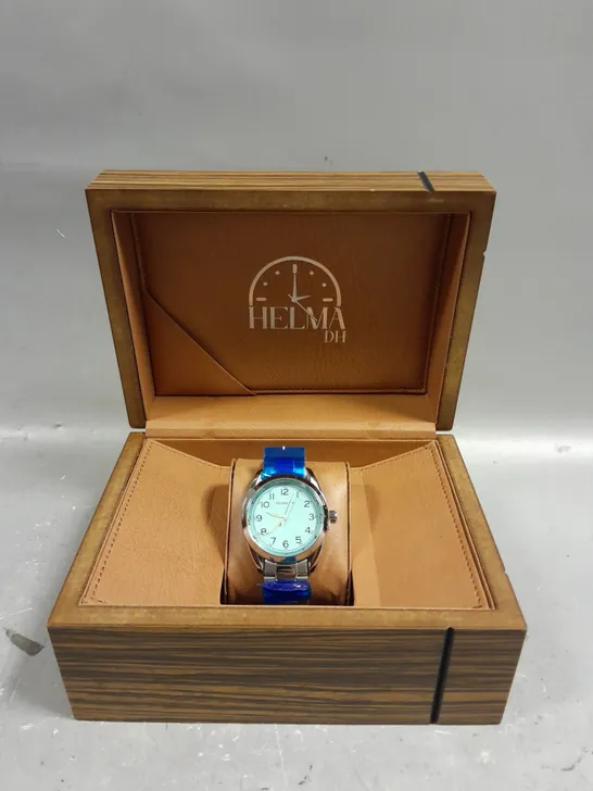 BOXED HELMA DH CHRONOGRAPH WATCH LIGHT BLUE DIAL AND SILVER COLOURED BEZEL