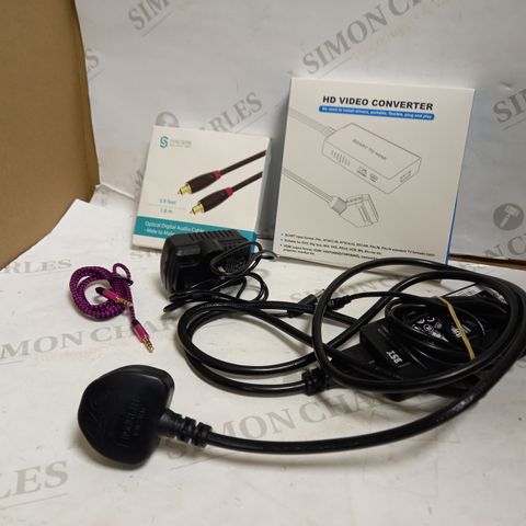 LOT OF APPROXIMATLEY 10 ASSORTED ELECTRICAL ITEMS, TO INCLUDE AUDIO CABLE, VIDEO CONVERTER, AC ADAPTER, ETC
