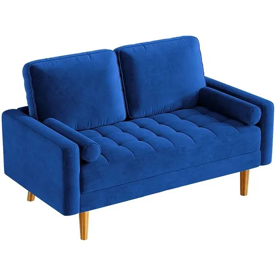 BOXED DESIGNER THREE SEATER SOFA BLUE FABRIC 