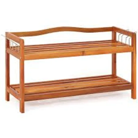 BOXED COSTWAY 2 SHELF ACACIA WOOD SHOE RACK WITH METAL HOOKS