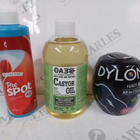 APPROXIMATELY 10 ASSORTED HOUSEHOLD ITEMS TO INCLUDE DYLON ALL-IN-1 FABRIC DYE, CASTOR OIL, ETC - COLLECTION ONLY