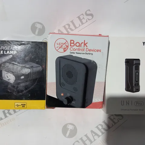 BOX OF APPROXIMATELY 10 ASSORTED HOUSEHOLD ITEMS TO INCLUDE YOCAN UNIPRO, BARK CONTROL DEVICE, RECHARGEABLE BICYCLE LAMP, ETC