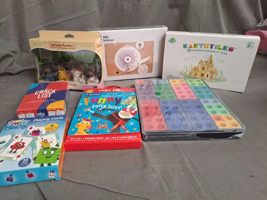 7 ASSORTED ITEMS TO INCLUDE: CRACK LIST, NUMBER BLOCKS PLAYING CARDS, WOODEN MAGNETIC TILES, FUNNY FURRY TALES ETC