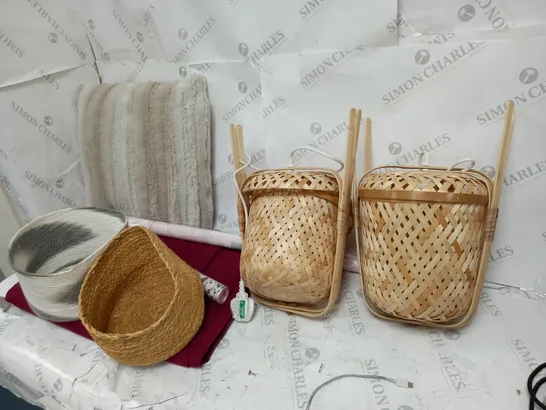 BOX OF ASSORTED ITEMS TO INCLUDE A WICKER LATTERN, A WICKER BASKET AND A SELF ADHESIVE FILM