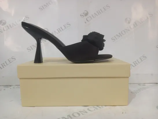 BOXED PAIR OF SIMMI LONDON EMBERLEY OPEN TOE HIGH HEELED SHOES IN BLACK SATIN UK SIZE 5
