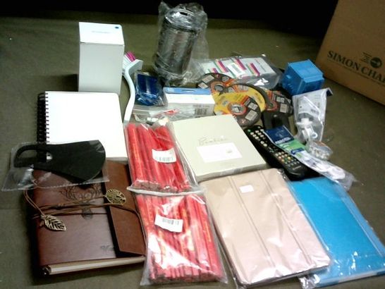 SMALL BOX OF ASSORTED ITEMS INCLUDING NOTE BOOKS, FLASK, CARPENTERS PENCILS