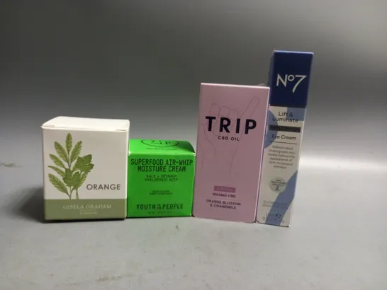 4 ASSORTED HEALTH AND BEAUTY PRODUCTS TO INCLUDE YTTP SUPERFOOD AIR-WHIP MOISTURE CREAM, NO.7 LIFT & LUMINATE EYE CREAM, TRIP CBD OIL, GISELA GRAHAM CANDLE