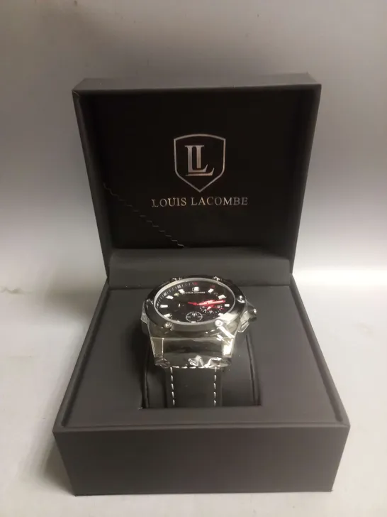 BOXED LOUIS LACOMBE WRIST WATCH IN BLACK/SILVER/RED