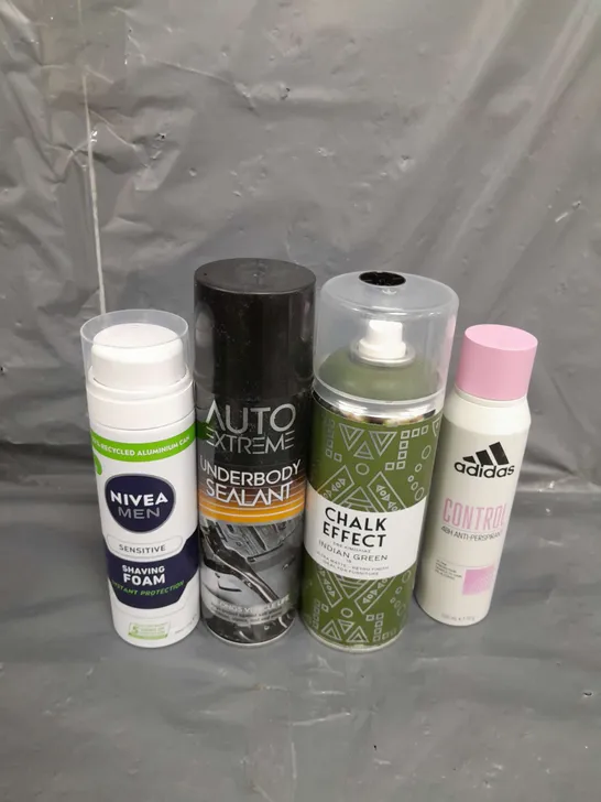 APPROXIMATELY 12 ASSORTED AEROSOLS TO INCLUDE , ADIDAS BODY SPRAY , UNDERBODY SEALANT , NIVEA SHAVING FOAM , ETC 