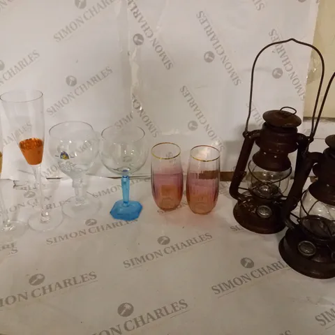 LOT OF APPROXIMATELY 8 ITEMS TO INCLUDE 6 GLASSES OF VARIOUS TYPES, 2 GAS LAMPS