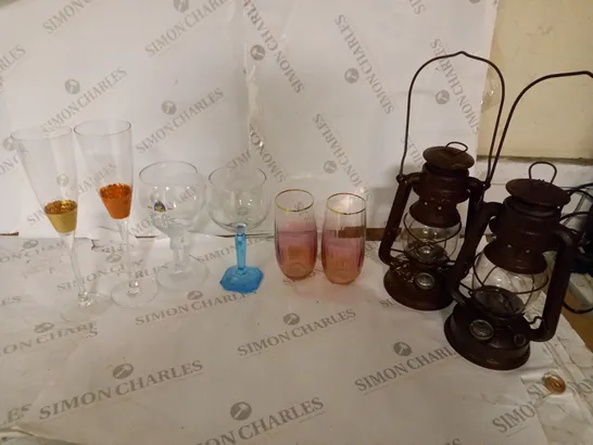 LOT OF APPROXIMATELY 8 ITEMS TO INCLUDE 6 GLASSES OF VARIOUS TYPES, 2 GAS LAMPS