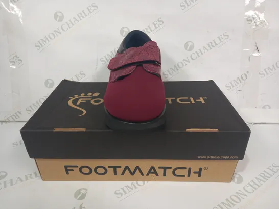 BOXED PAIR OF FOOTMATCH VELCRO STRAP SHOES IN BURGUNDY SIZE UNSPECIFIED