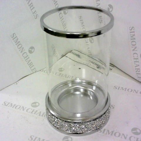 CLEAR GLASS SILVER CRYSTAL TRIM CANDLE HOLDER
