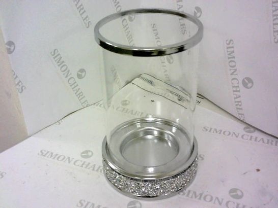 CLEAR GLASS SILVER CRYSTAL TRIM CANDLE HOLDER