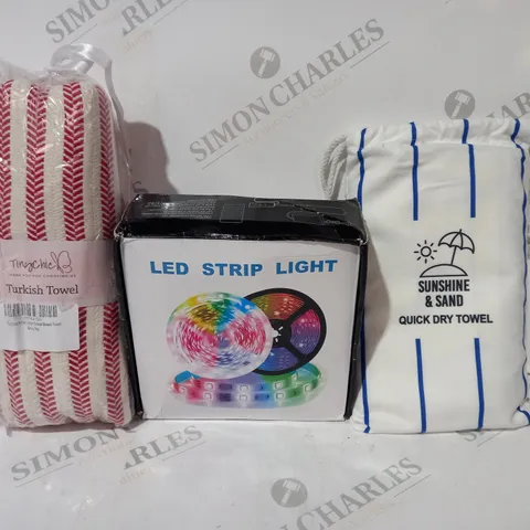 BOX OF APPROXIMATELY 20 ASSORTED HOUSEHOLD ITEMS TO INCLUDE QUICK DRY TOWEL, LED STRIP LIGHT, TURKISH TOWEL, ETC