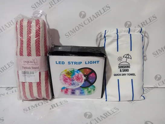 BOX OF APPROXIMATELY 20 ASSORTED HOUSEHOLD ITEMS TO INCLUDE QUICK DRY TOWEL, LED STRIP LIGHT, TURKISH TOWEL, ETC