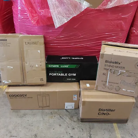 PALLET OF ASSORTED ITEMS INCLUDING: ELECTRIC CLOTHES DRYER, WATER DISTILLER, 6L STAND MIXER, FLOOR LAMP, PORTABLE GYM