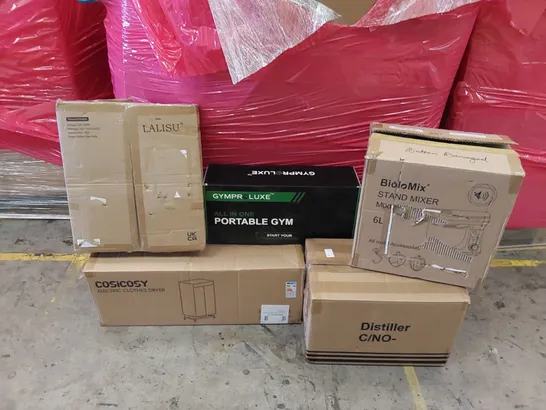 PALLET OF ASSORTED ITEMS INCLUDING: ELECTRIC CLOTHES DRYER, WATER DISTILLER, 6L STAND MIXER, FLOOR LAMP, PORTABLE GYM