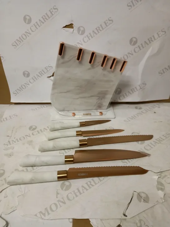 TOWER KITCHEN KNIFE SET WITH ACRYLIC KNIFE BLOCK, STAINLESS STEEL WITH SOFT TOUCH HANDLES, WHITE MARBLE AND ROSE GOLD