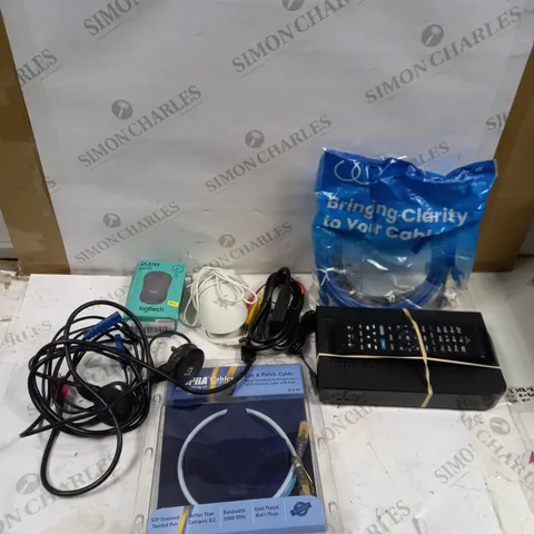 LOT OF ASSORTED ITEMS TO INCLUDE MOUSES, CABLES AND POWER LEADS