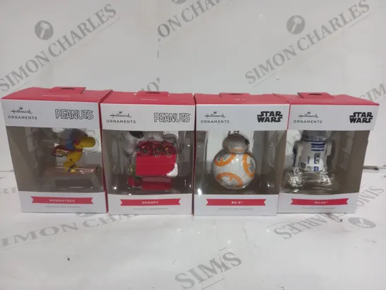 4 X HALLMARK ORNAMENTS TO INCLUDE SNOOPY, BB-8, R2-D2 ETC