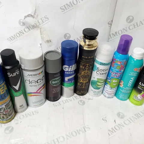 APPROXIMATELY 22 ASSORTED AEROSOL SPRAYS TO INCLUDE; GILLETTE, PET SHIELD, BRUT, SURE, LYNX, SATIN CARE AND COOLA