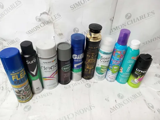 APPROXIMATELY 22 ASSORTED AEROSOL SPRAYS TO INCLUDE; GILLETTE, PET SHIELD, BRUT, SURE, LYNX, SATIN CARE AND COOLA