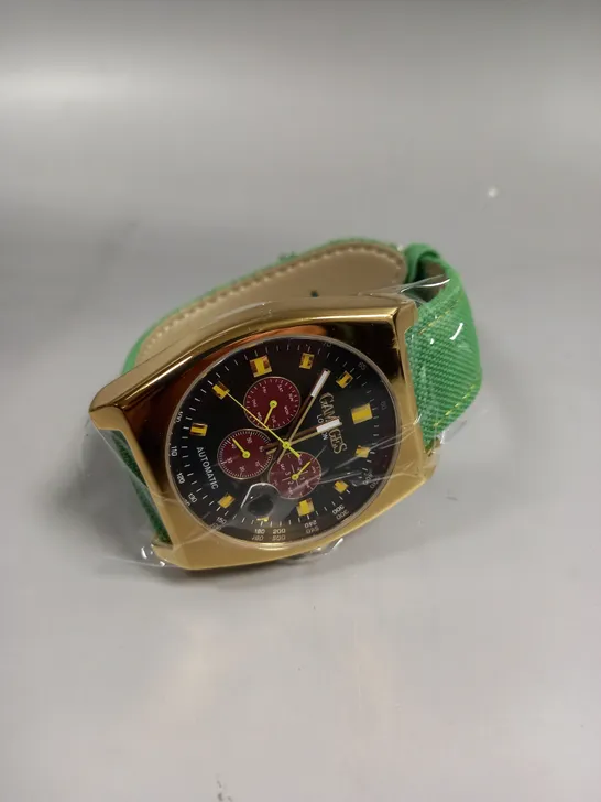 BOXED GAMAGES RETRO CALIBRE GOLD/GREEN WATCH