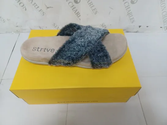 BOXED PAIR OF STRIVE SANDALS WITH GREY FAUX FUR STRAPS SIZE UK 7