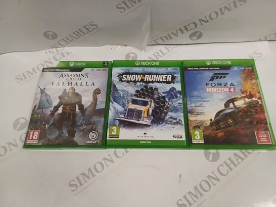 XBOX ASSASSINS CREED VALHALLA, XBOX ONE SNOW RUNNER, AND FORZA HORIZON 4 